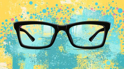 Vector illustration of fashionable eyewear set against a dynamic splash of yellow and blue paint, a metaphor for seeing the world with artistic clarity
