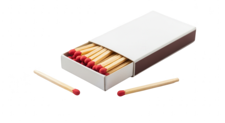 Open white matchbox with red-tipped wooden matches, two loose, ready to ignite fire