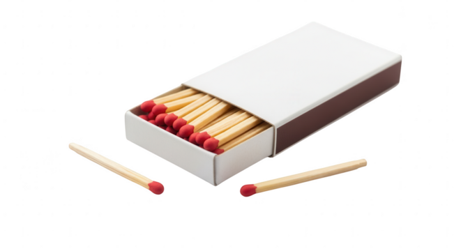 Open white matchbox with red-tipped wooden matches, two loose, ready to ignite fire