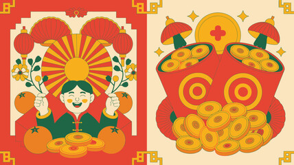 Retro Chinese New Year Illustration Boy, Lanterns, Coins, Oranges, and Red Envelopes Aesthetic