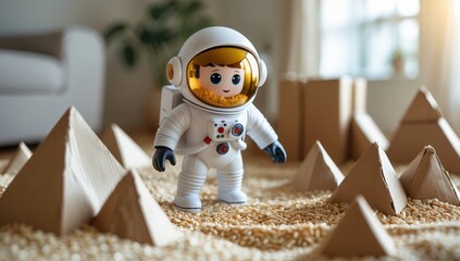Toy astronaut on a sandy lunar surface