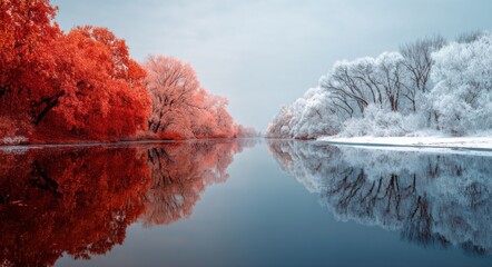 Nature landscape with perfect reflection in calm water showing contrast between autumn red trees and winter white snow covered trees. Symmetrical composition displaying natural beauty and seasonal har