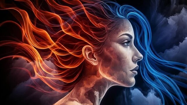 Dynamic woman with fire and ice energy embodies powerful duality and inner strength in motion for fantasy art and spiritual themes