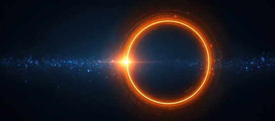 Futuristic technology concept with glowing orange circular interface and blue digital elements. Abstract tech design showing advanced digital display and holographic projection in modern technological