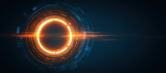 Futuristic technology interface design with glowing orange circular digital elements and blue geometric patterns. Abstract tech concept showing advanced digital display and modern user interface in cy