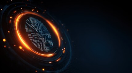 Advanced biometric fingerprint scanner with blue digital lines and orange glowing circular interface for secure access