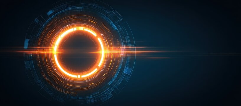Futuristic technology interface design with glowing orange circular digital elements and blue geometric patterns. Abstract tech concept showing advanced digital display and modern user interface in cy