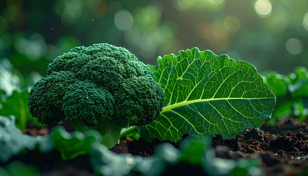 Close-up of broccoli head and leaf growing in rich garden soil