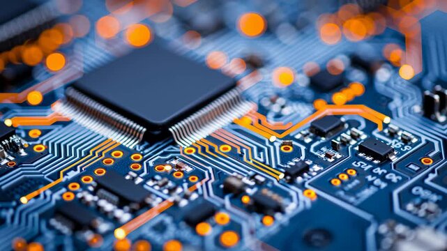 Microchip processor technology electronics pcb solder component precision focus macro of chip circuit board with glowing bokeh lights, advanced processor blue pcb sleek electronic circuit board - Powered by Adobe