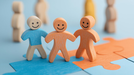 Abstract colorful human figure walk interconnect puzzle piece  teamwork connection problem solving.