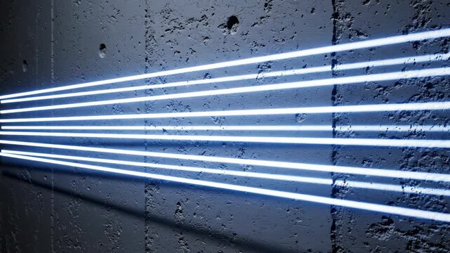 Minimalist abstract resonant light beams scattering and reforming into perfectly aligned parallel patterns gliding across a rough concrete wall texture structure, subtle, illumination