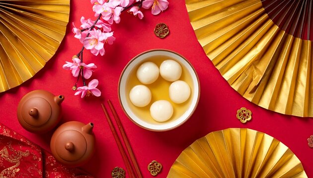 Dongzhi Festival Food: Chinese Tea Ceremony and Warm Tangyuan Rice Balls. Winter Solstice Celebration.