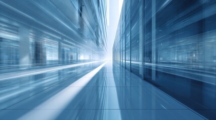 Abstract Blurred Glass Building Interior with Blue Light and Shadows, 3D Rendering Business Concept. High quality