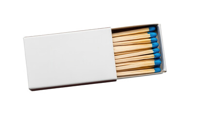 Open white matchbox with blue-tipped wooden matches, isolated on clean background