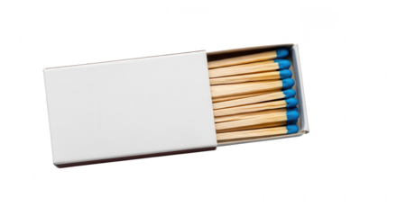 Open white matchbox with blue-tipped wooden matches, isolated on clean background