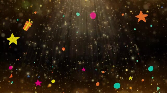Animated happy birthday wishes with cake, balloons, stars, and confetti on a dark background with golden bokeh lights