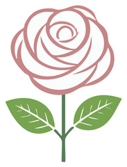 Stylized Pink Rose with Green Leaves and Stem Vector Illustration