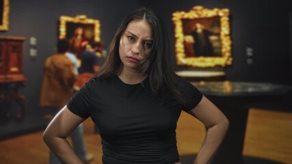 Woman with hands on hips in gallery building facing camera, frowning with furrowed brow and slightly leaning forward; annoyance.