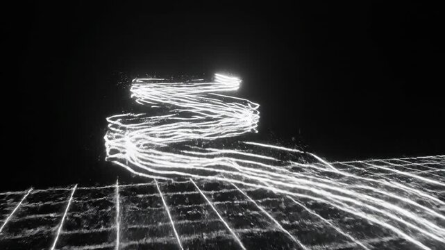 Minimalist animation of a glowing geometric white line breaking free from a structured grid pursuing an evolving complex nonlinear route and potential dynamic, technology, problem solving