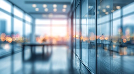 Modern blurred office space of a business building center. Glass wall with empty space. Blurred abstract light background for presentation and design. High quality