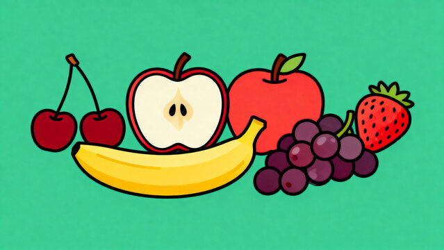 Fruit illustration with apple banana cherry grapes and strawberry