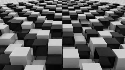 Minimalist animation of synchronized three-dimensional geometric black and white cubes shifting back and forth creating a repeating and mechanical visual rhythm mechanical, presentation, grid