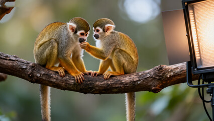 Obraz premium Two monkeys interacting on a branch