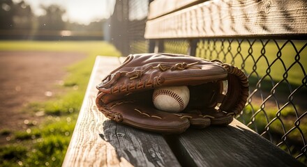 Brown leather baseball glove with ball resting on a wooden bench at a baseball field