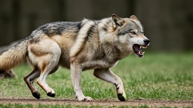 Magnificent gray wolf sequence displaying its powerful stride and wild nature running fast