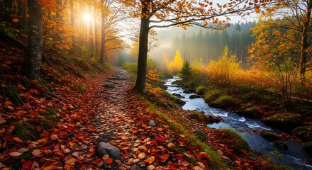 A winding forest path covered in fallen autumn leaves beside a clear flowing stream bathed in sunlight