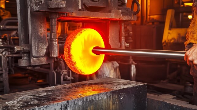 Skilled worker operating a hydraulic press to shape glowing molten metal in a workshop, showcasing the craftsmanship and industrial processes involved in metalworking
