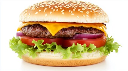 Juicy hamburger with sesame seed bun, melted cheese, fresh lettuce, tomato slices, and red onion, showcasing delicious ingredients in a mouthwatering presentation