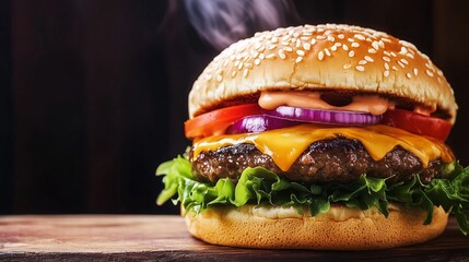 Juicy cheeseburger with melted cheddar, fresh lettuce, ripe tomatoes, red onions, and special sauce, served on a sesame seed bun, showcasing delicious fast food indulgence