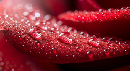 Dew-kissed red rose petal close-up, rich texture and vibrant color