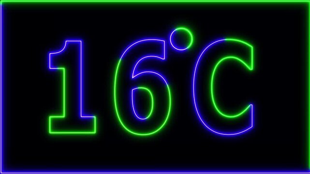 Neon 16&deg;C temperature display showing on black background. Weather temperature displays by degree, climate change, Scientific designs.