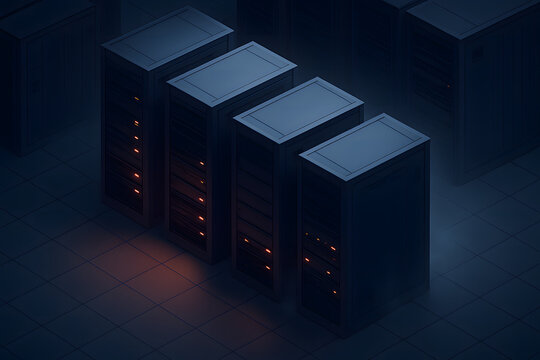 Server Room Failure. Isometric server room with several racks offline. Isometric Dark Server Rack Hosting Data Center Equipment Illustration