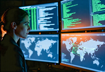 Cybersecurity specialist monitoring global network connections and security breach code on four dark computer screens in a control room at night