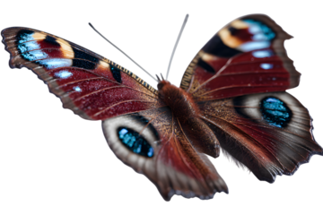 Closeup of a peacock butterfly isolated on transparent background, wings spread