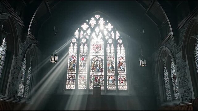 Sunlight streams through stained glass in a serene church interior, creating a spiritual atmosphere perfect for reflection and peaceful moments