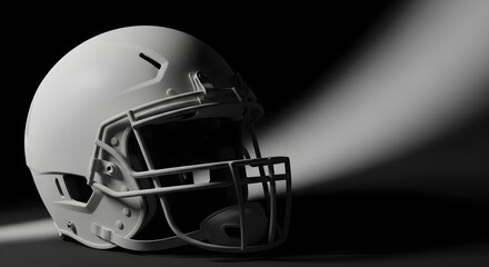 Close up of a clean white American football helmet in a dramatic spotlight