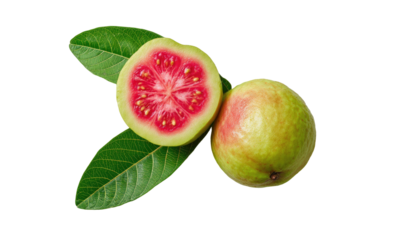 Tropical fruit with vibrant pink interior and green leaves