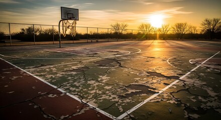 Weathered outdoor basketball court with a cracked surface bathed in warm sunset light