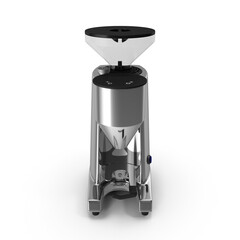 stainless steel espresso grinder with dual hoppers and clean reflective finish