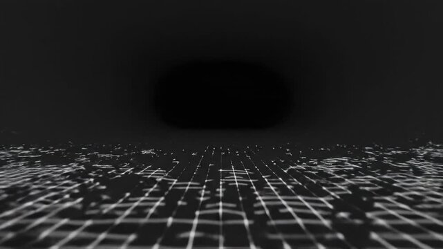 Minimalist grayscale background with a fine mesh grid pattern dissolving and receding subtly into a deep shadowed void void, shadowed, technology