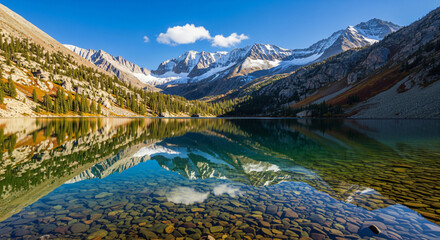 Crystal clear river flows gently through peaceful mountain valley , cascade, blue