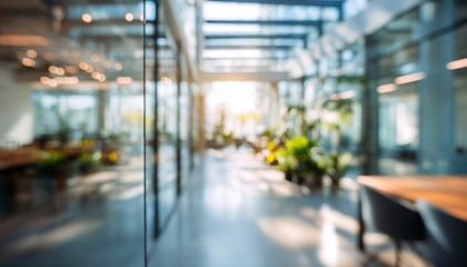 Abstract office interior background. Blurry office space. Modern workspace design. Glass walls, blurred furniture, plants. Natural light, commercial building, business concept, indoor. High quality