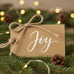 Rustic Kraft Paper Gift Tag with Hand-Scripted "Joy" and Natural Twine - Warm Christmas Holiday Decoration Close-up, background, wallpaper