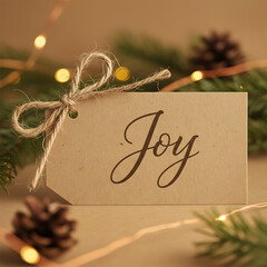 Rustic Kraft Paper Gift Tag with Hand-Scripted "Joy" and Natural Twine - Warm Christmas Holiday Decoration Close-up, background, wallpaper