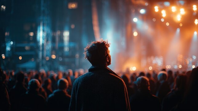 A man stands in a crowd of people, looking up at a stage. The stage is lit up with bright colors, creating a lively atmosphere. The man is waiting for something to happen. High quality