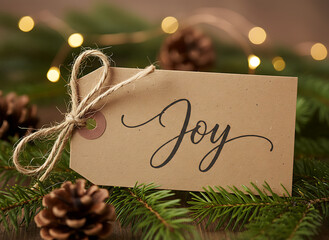 Rustic Kraft Paper Gift Tag with Hand-Scripted "Joy" and Natural Twine - Warm Christmas Holiday Decoration Close-up, background, wallpaper